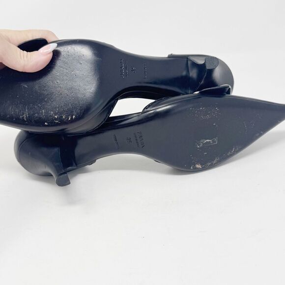 PRADA | Black Leather Heels with Silver Buckle D’Orsay Pumps Women’s Size 39 - Picture 11 of 12